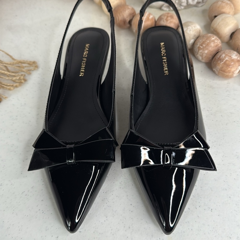 Marc Fisher Black Patent Pointed Toe Slingback Flats with Bow - Picture 5 of 13